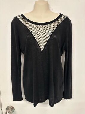Sandro black linen Round neck V mesh long sleeve knit top Small